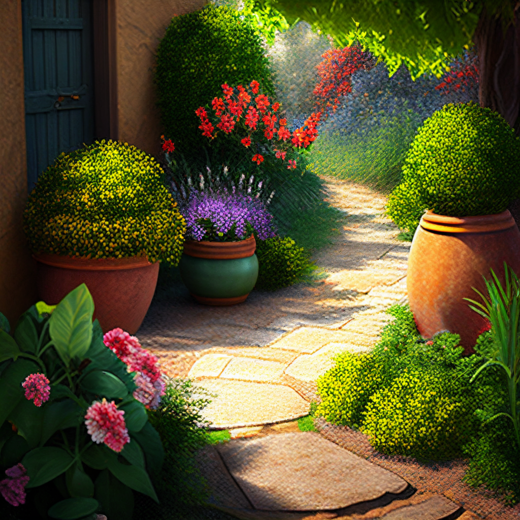 garden pathway decorated with plants in plant pots of different sizes and shapes all along the way